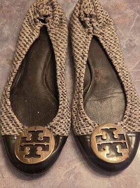 Tory Burch Beige Knit and Brown Toe Cap Logo Ballet Flats